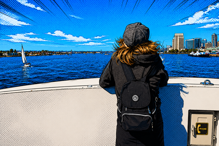 Person with backpack on a boat looking at city skyline and sailboat under a vivid blue sky.