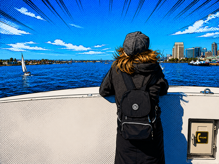 Person with backpack on a boat looking at city skyline and sailboat under a vivid blue sky.