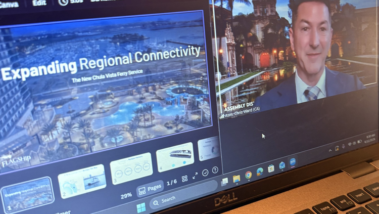 Laptop screen showing a video call and a presentation titled "Expanding Regional Connectivity."