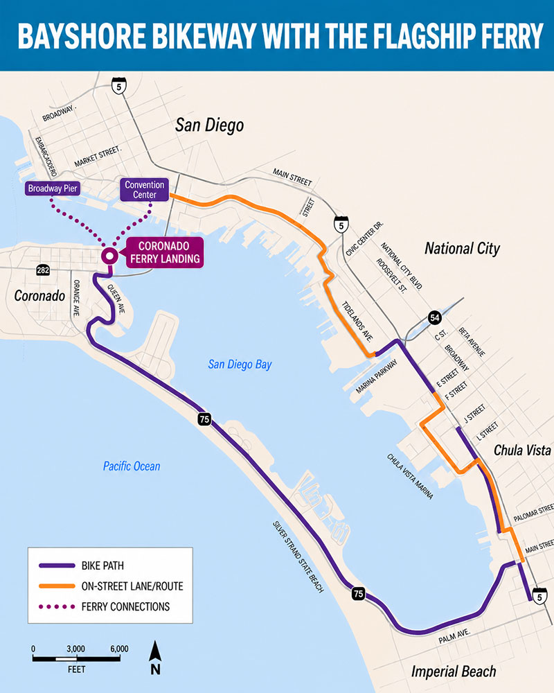Bayside Bikeway Map with Ferry Routes around San Diego Bay